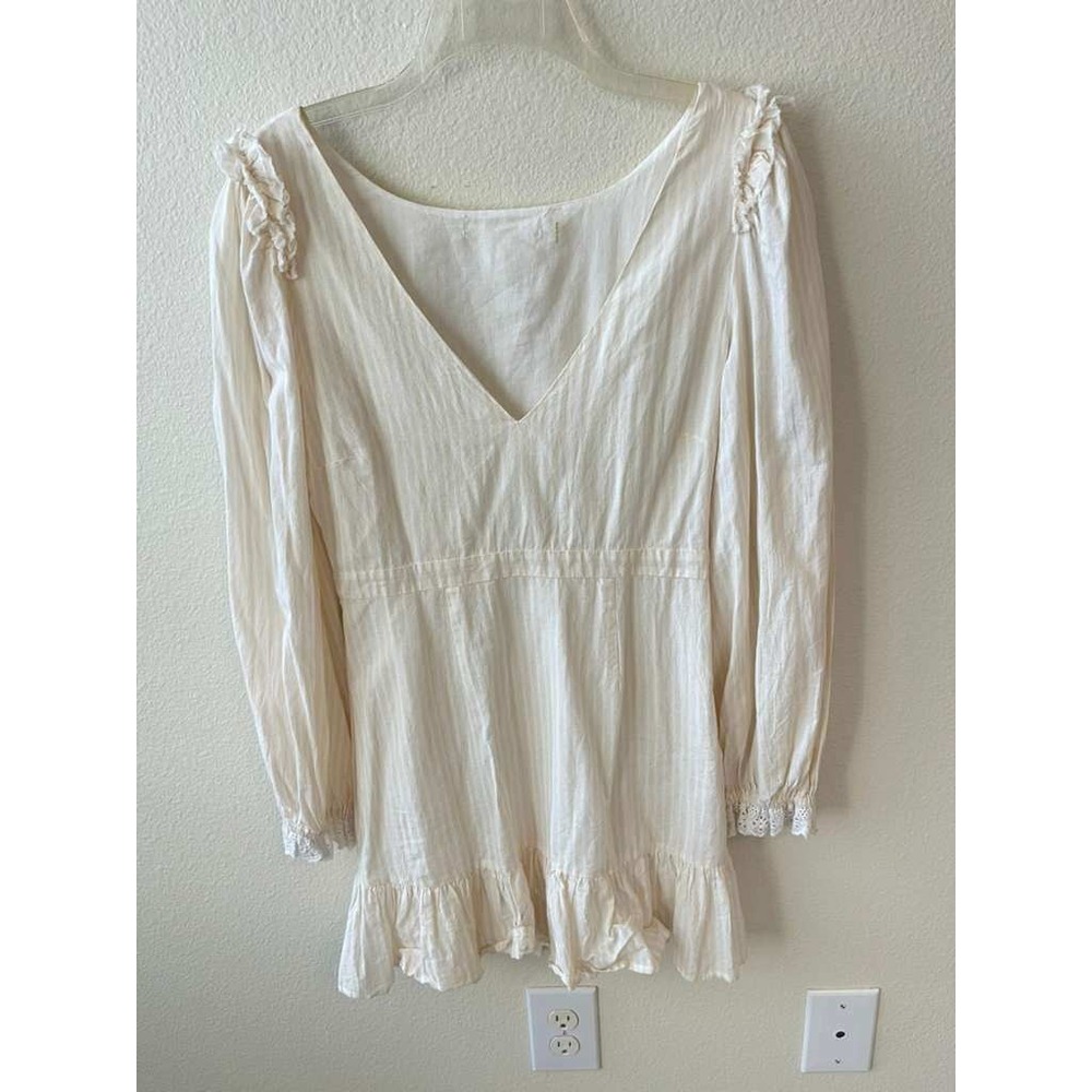 LoveShackFancy Cream Striped Cotton Ruffle V-Neck Mini Dress Long Sleeve Lined